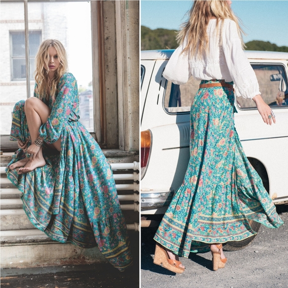 New spell original drop folk town maxi skirt turquoise L folktown NWT teal og - Picture 12 of 16